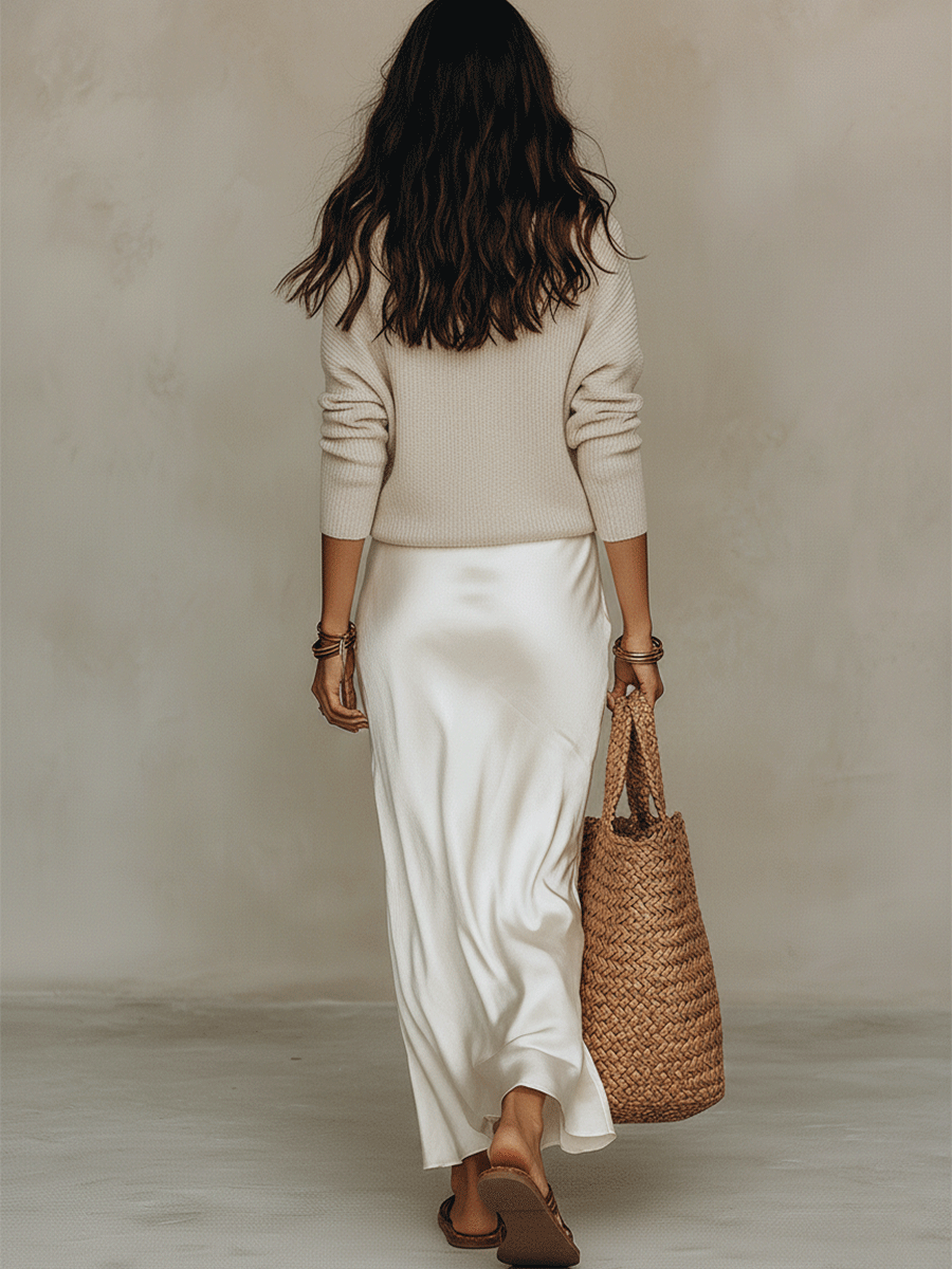 Kylie | Effortless Ivory Knit & Satin Midi Ensemble