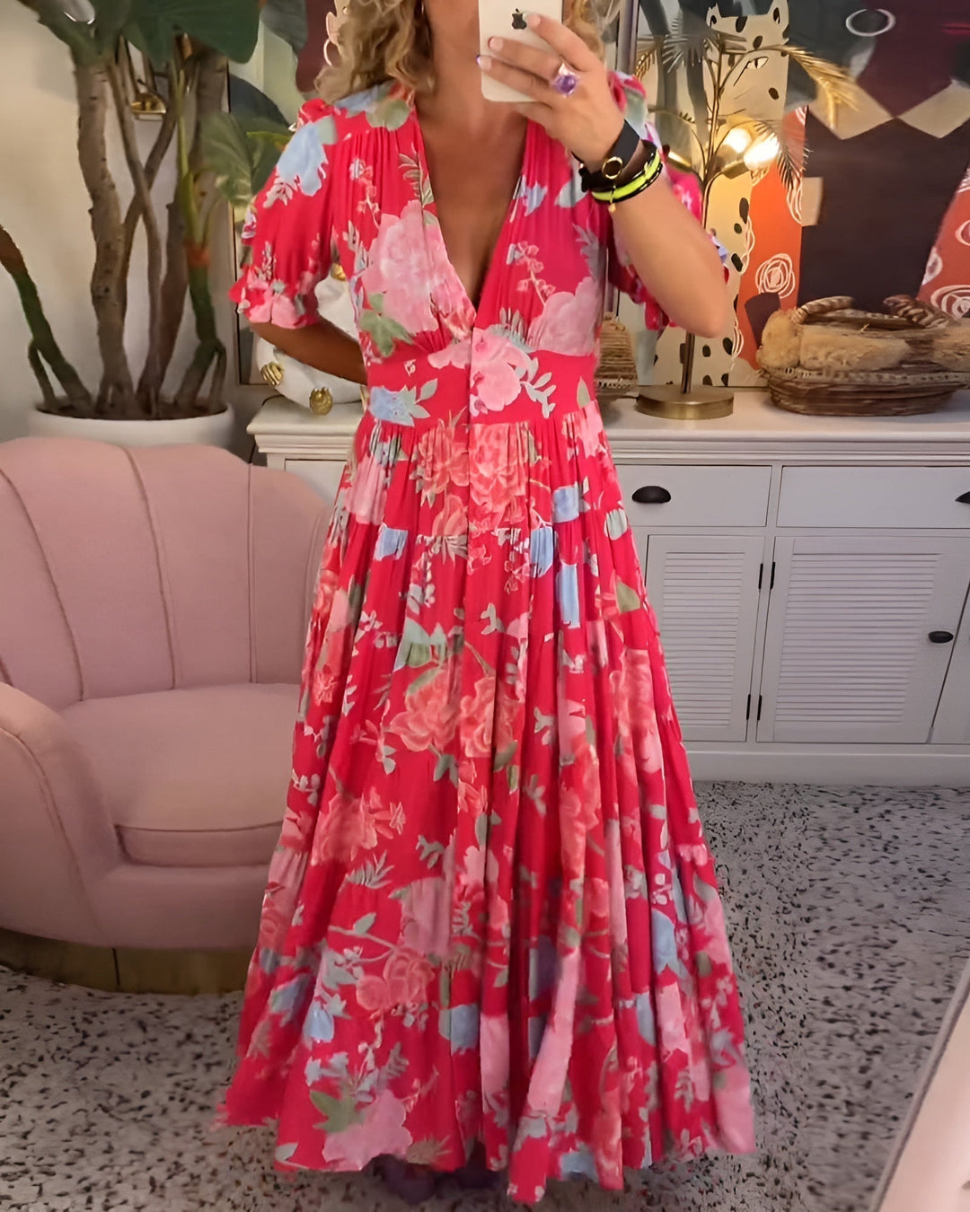 CATERINA | Long Floral Dress with Hidden Pockets and Feminine Cut for the Day