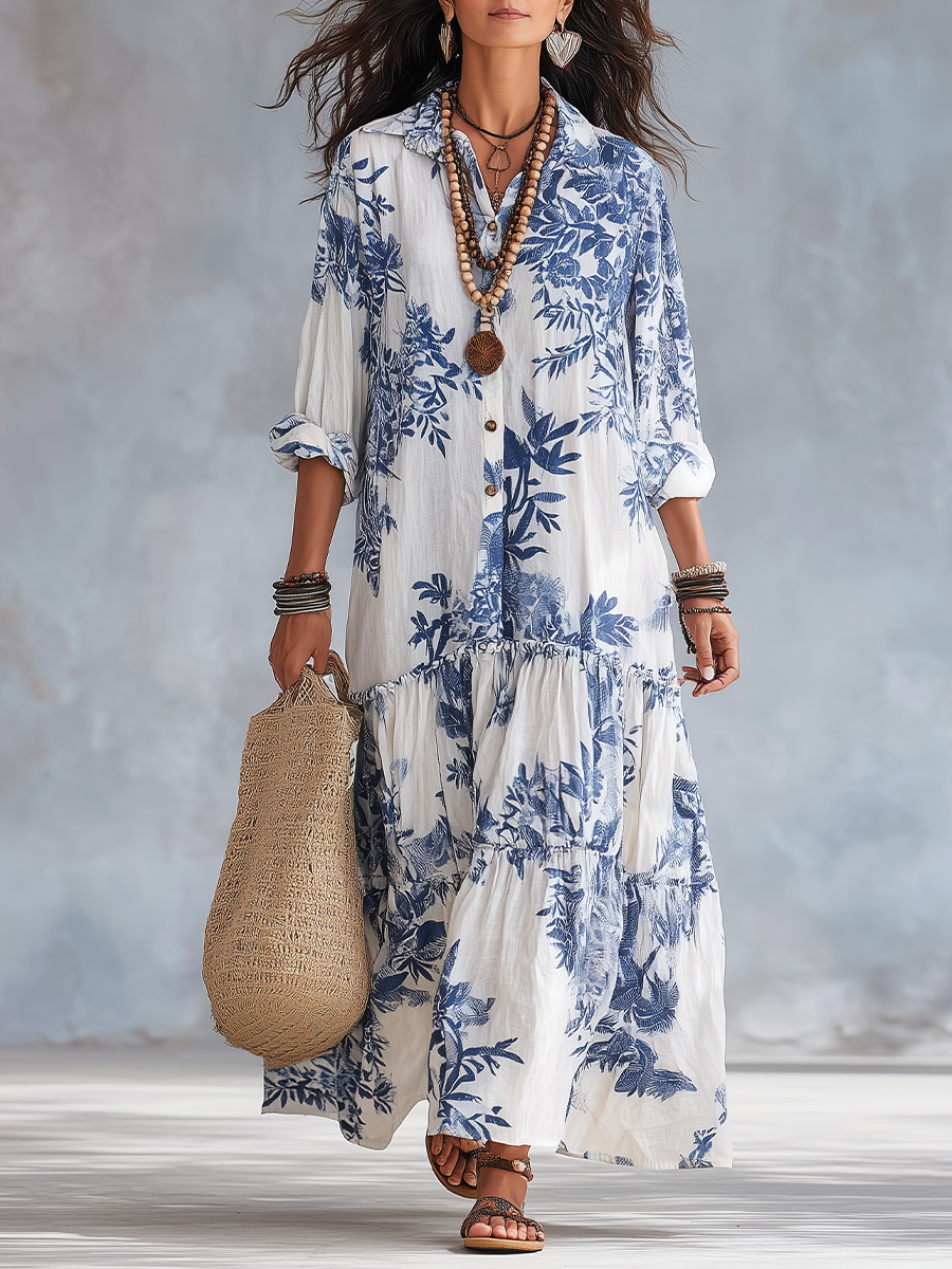 Savannah | Blue Floral Button-Down Maxi Dress