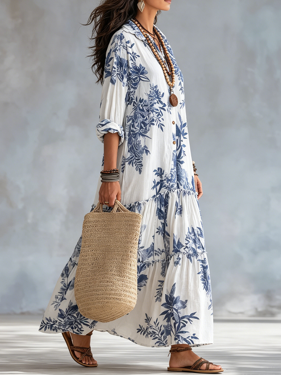 Savannah | Blue Floral Button-Down Maxi Dress