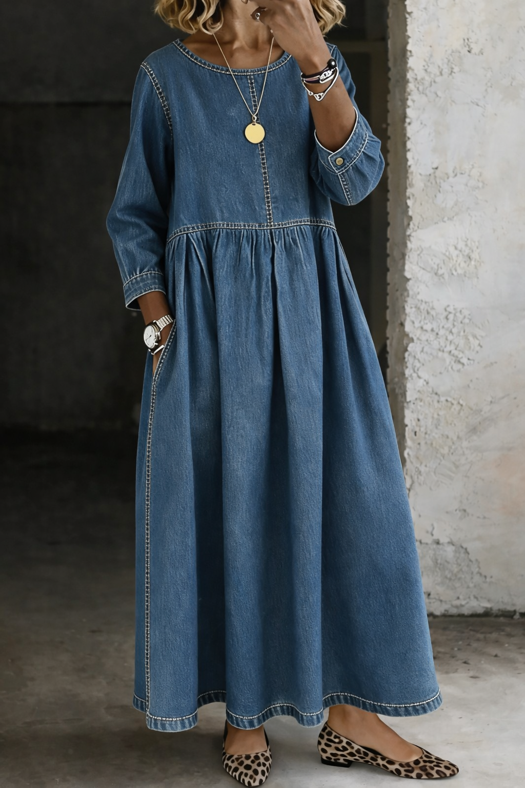 Madison | Round Neck Long Sleeve Denim Dress