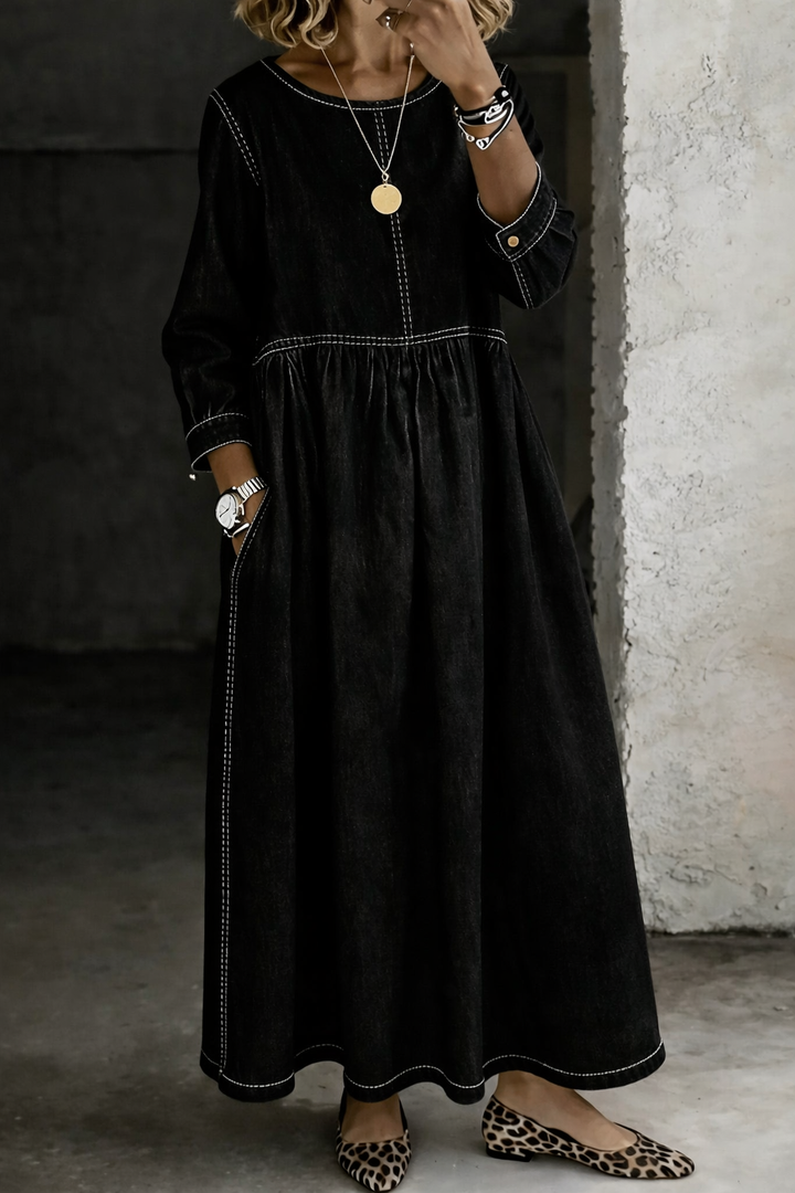 Madison | Round Neck Long Sleeve Denim Dress