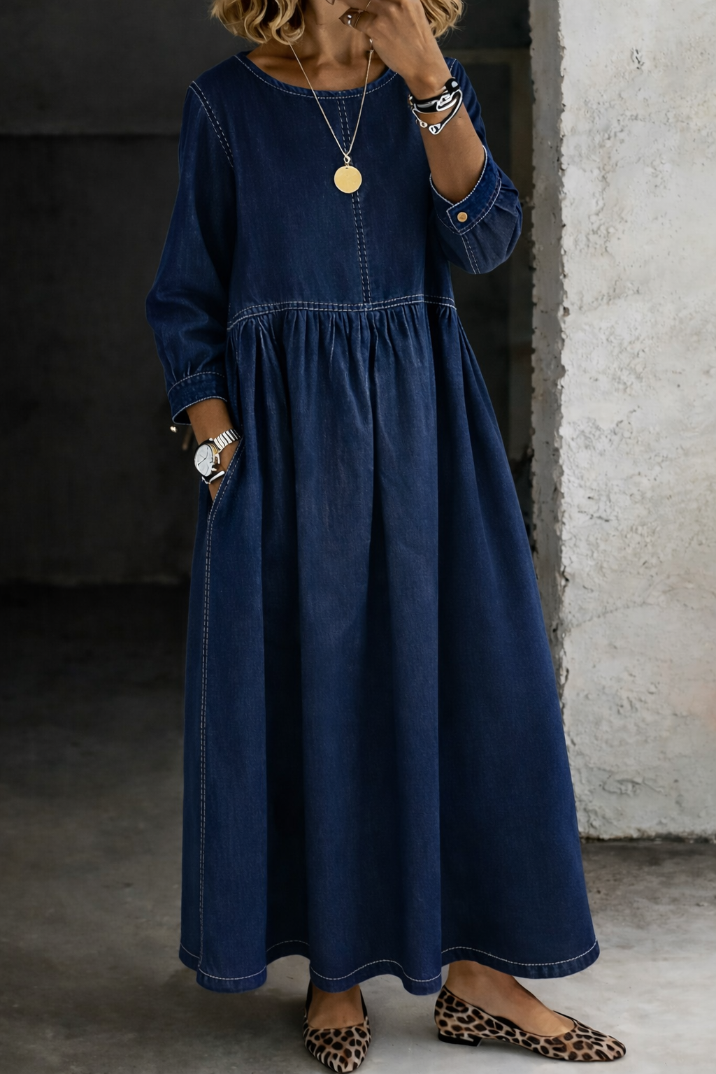 Madison | Round Neck Long Sleeve Denim Dress