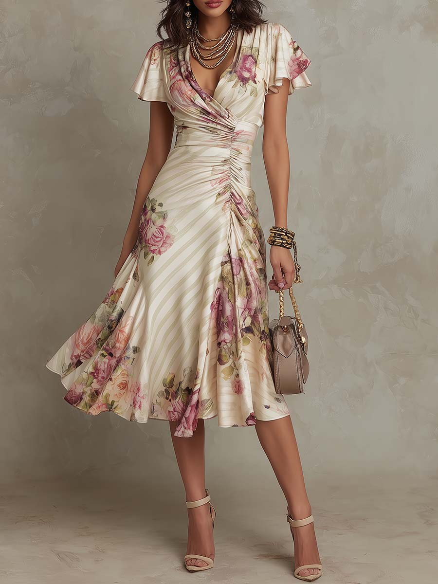 Kayla™ | Elegant Floral Ruched Wrap Midi Dress