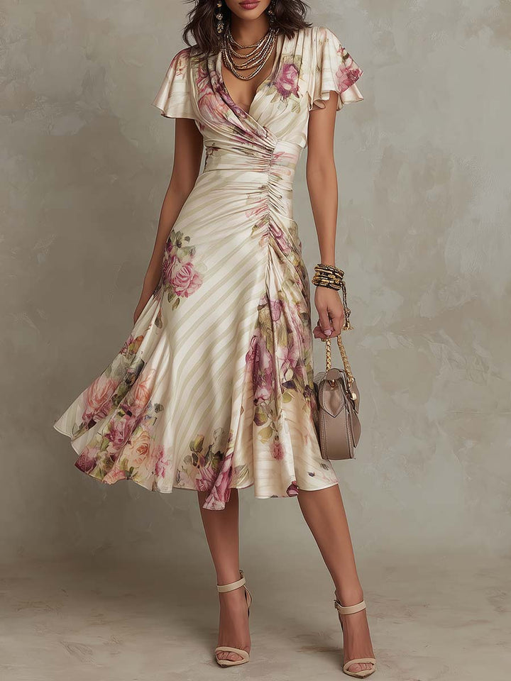 Kayla™ | Elegant Floral Ruched Wrap Midi Dress