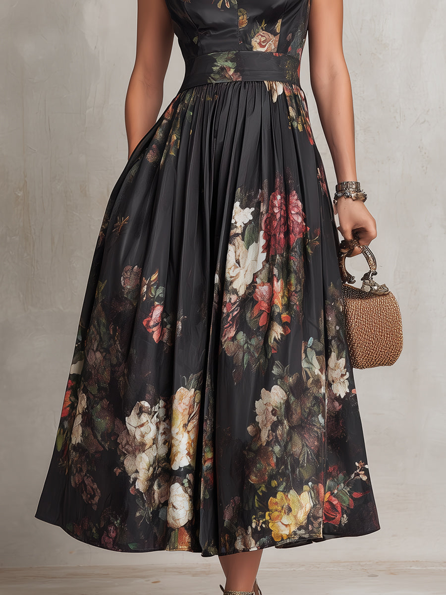 Chloe™ | Floral Pleated Satin Midi Dress