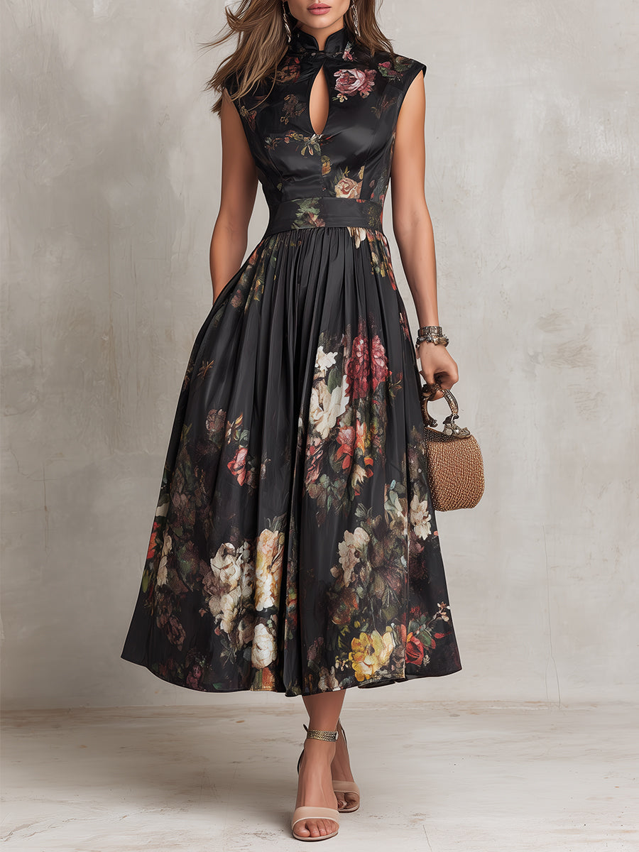 Chloe™ | Floral Pleated Satin Midi Dress