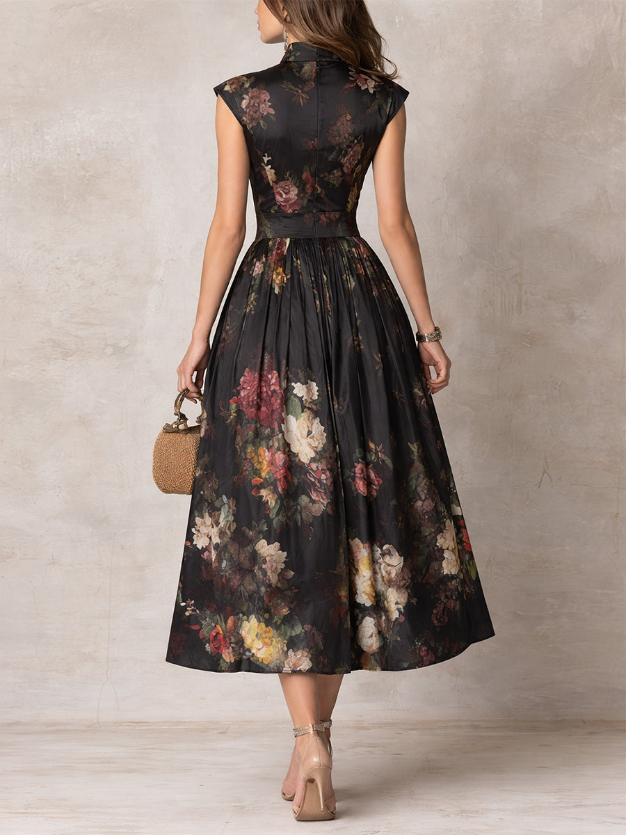 Chloe™ | Floral Pleated Satin Midi Dress