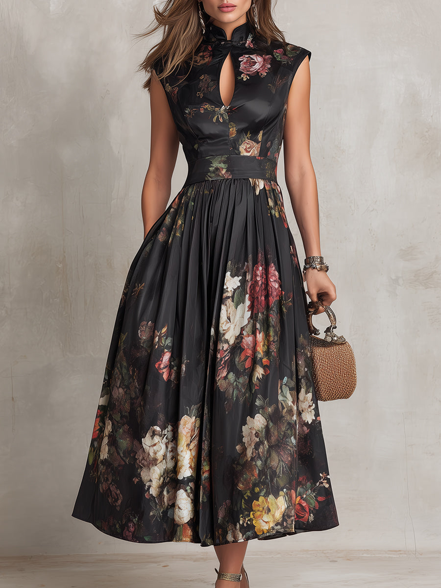 Chloe™ | Floral Pleated Satin Midi Dress