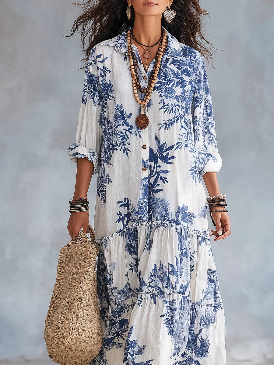 Savannah | Blue Floral Button-Down Maxi Dress